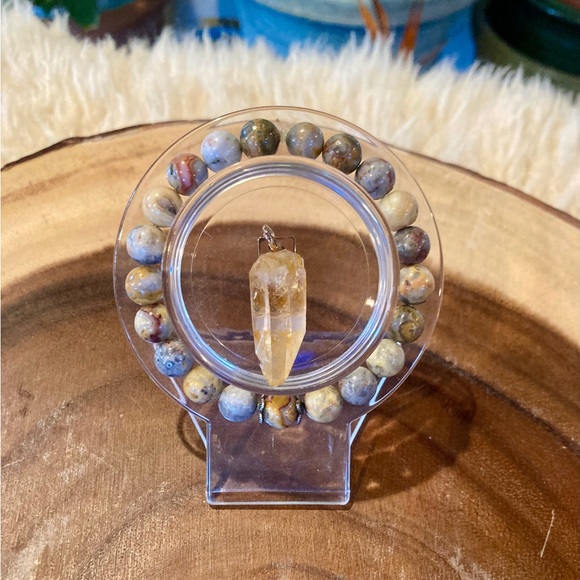 Crazy Lace Agate Bracelet & Peach Lemurian Quartz Pendant Set - Picture 1 of 7